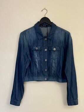 NWT Yest Cropped Denim Jacket Lightweight Dark Wash Chambray Pleated, XL